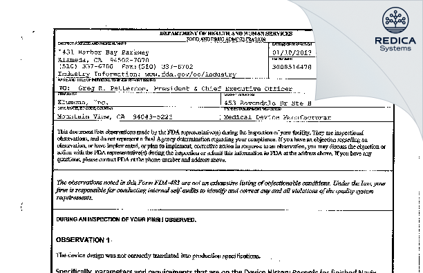 FDA 483 - Xlumena, Inc. [Mountain View / United States of America] - Download PDF - Redica Systems