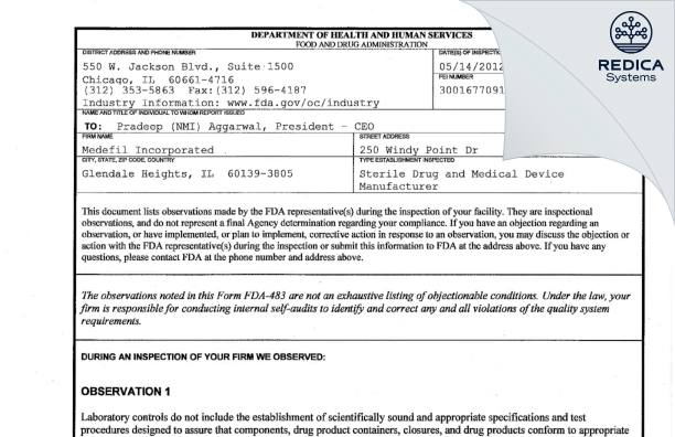 FDA 483 - Medefil, Inc. [Glendale Heights / United States of America] - Download PDF - Redica Systems