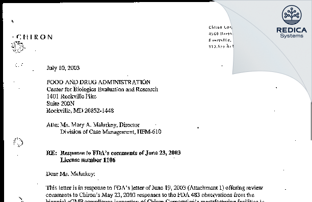 FDA 483 Response - Novartis Pharmaceuticals Corporation [Vacaville / United States of America] - Download PDF - Redica Systems