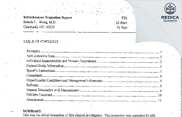 EIR - Brenda L Wong MD [Cincinnati / United States of America] - Download PDF - Redica Systems