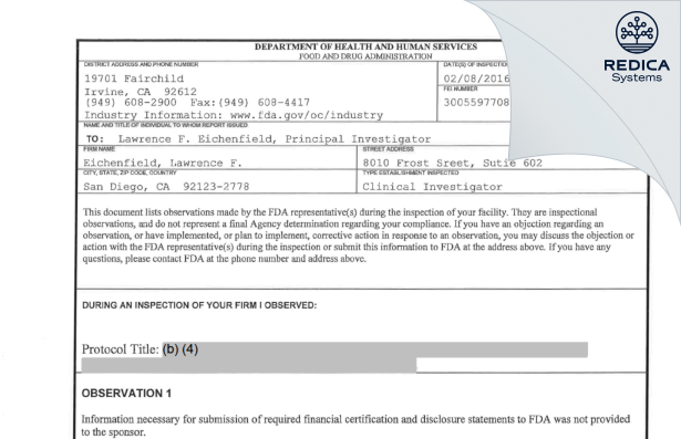FDA 483 - Eichenfield, Lawrence F [San Diego / United States of America] - Download PDF - Redica Systems