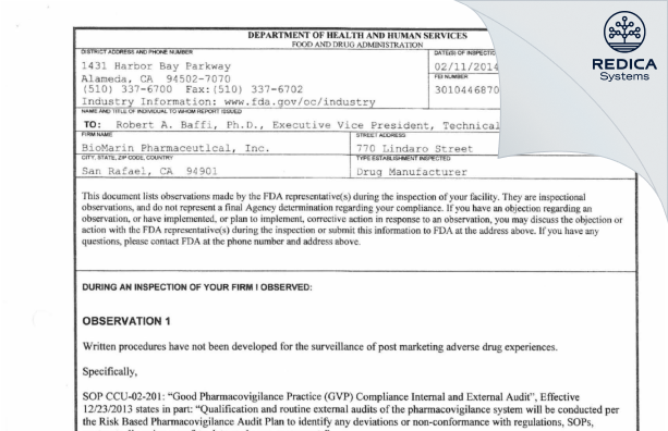 FDA 483 - BioMarin Pharmaceutical Inc. [San Rafael / United States of America] - Download PDF - Redica Systems