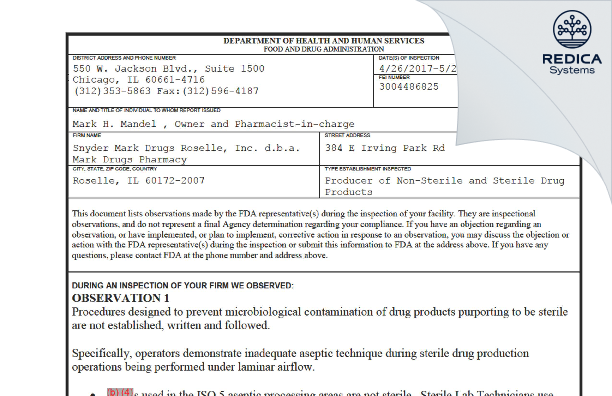 FDA 483 - Snyder Mark Drugs Roselle, Inc. d.b.a. Mark Drugs Pharmacy [Roselle / United States of America] - Download PDF - Redica Systems