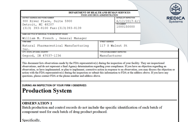 FDA 483 - NATURAL PHARMACEUTICAL MANUFACTURING LLC [Osgood / United States of America] - Download PDF - Redica Systems