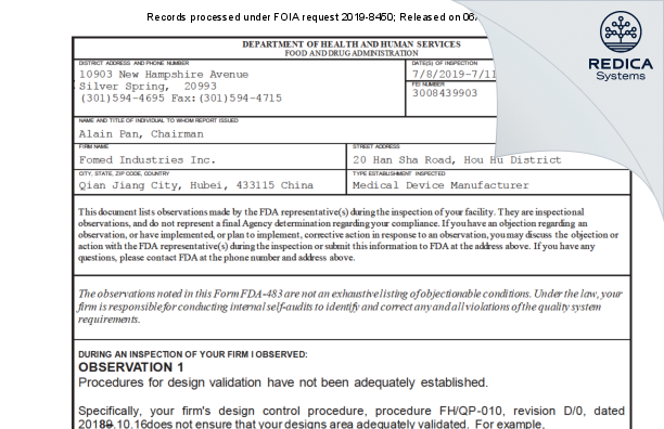 FDA 483 - Fomed Industries Inc. [Huanggang / China] - Download PDF - Redica Systems