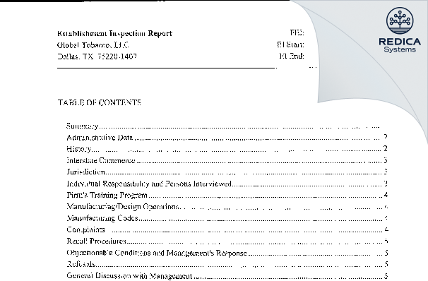 EIR - Global Tobacco, LLC [Dallas / United States of America] - Download PDF - Redica Systems