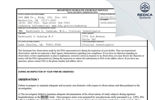 FDA 483 - Kashinath G Yadalam M D [Lake Charles / United States of America] - Download PDF - Redica Systems