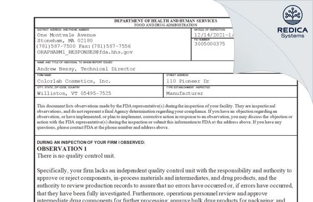 FDA 483 - Colorlab Cosmetics, Inc. [Williston / United States of America] - Download PDF - Redica Systems