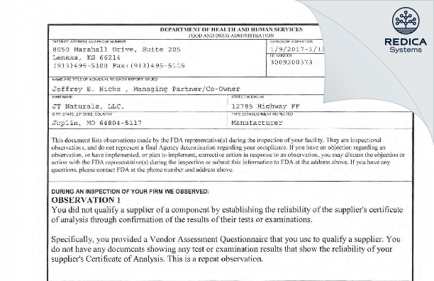 FDA 483 - JT Naturals, LLC. [Joplin / United States of America] - Download PDF - Redica Systems