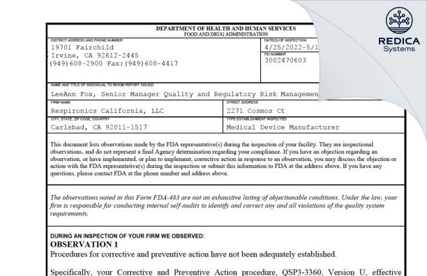 FDA 483 - Respironics California, LLC [Carlsbad / United States of America] - Download PDF - Redica Systems