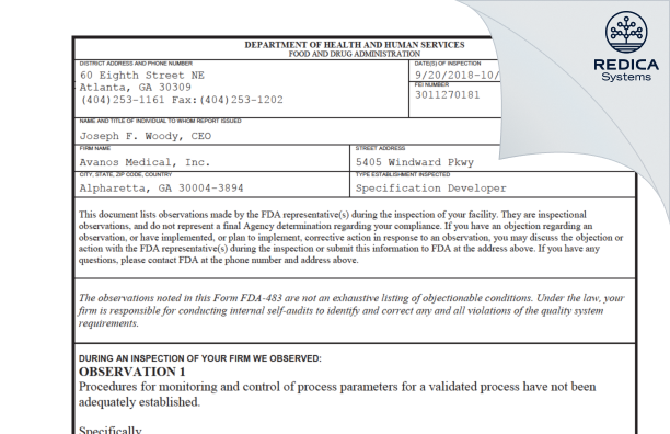 FDA 483 - Avanos Medical, Inc. [Alpharetta / United States of America] - Download PDF - Redica Systems