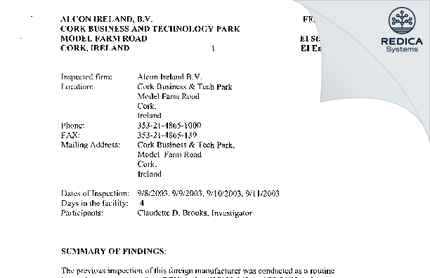 EIR - Alcon Laboratories Ireland, Ltd [Cork / Ireland] - Download PDF - Redica Systems