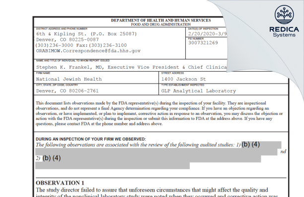 FDA 483 - National Jewish Health [Denver / United States of America] - Download PDF - Redica Systems