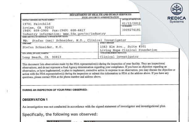 FDA 483 - Stefan Schneider, M.D. [Long Beach / United States of America] - Download PDF - Redica Systems
