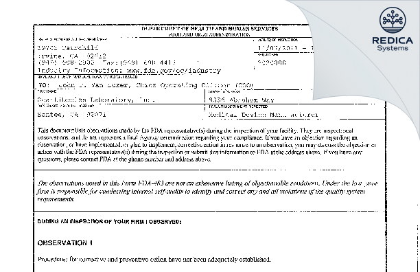 FDA 483 - Scantibodies Laboratory, Inc. [Santee / United States of America] - Download PDF - Redica Systems