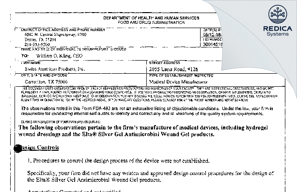 FDA 483 - Swiss-American CDMO, LLC [Carrollton / United States of America] - Download PDF - Redica Systems