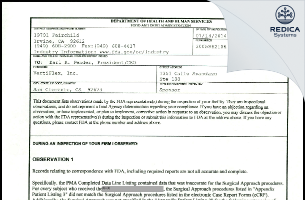 FDA 483 - VertiFlex, Inc. [San Clemente / United States of America] - Download PDF - Redica Systems