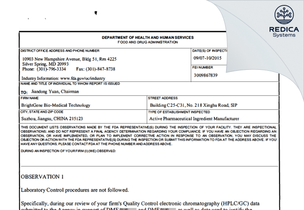 FDA 483 - BrightGene Pharmaceutical Co., Ltd. [China / China] - Download PDF - Redica Systems