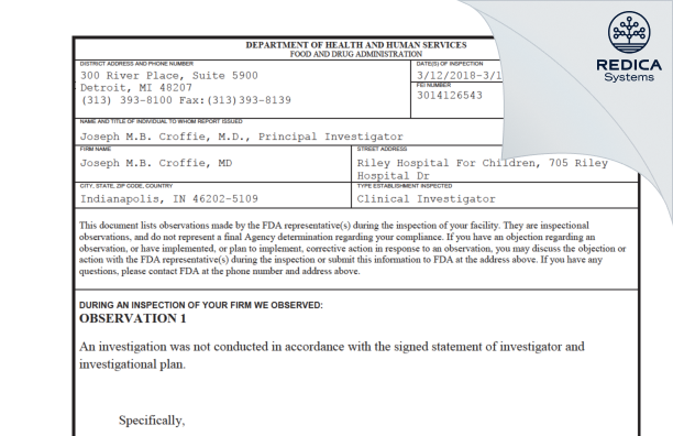 FDA 483 - Joseph M.B. Croffie, MD [Indianapolis / United States of America] - Download PDF - Redica Systems
