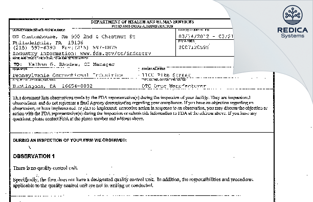 FDA 483 - Pennsylvania Correctional Industries [Huntingdon / United States of America] - Download PDF - Redica Systems