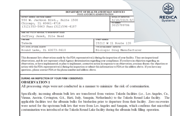 FDA 483 - Takeda [Round Lake / United States of America] - Download PDF - Redica Systems