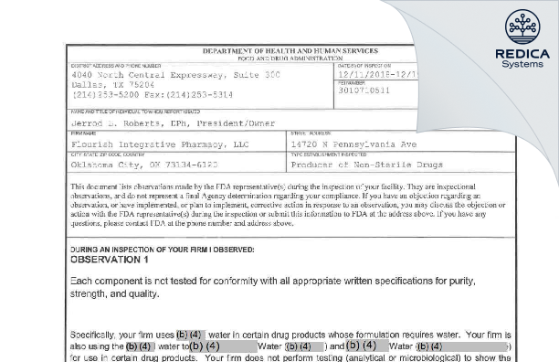 FDA 483 - Flourish Integrative Pharmacy, LLC [Oklahoma City / United States of America] - Download PDF - Redica Systems