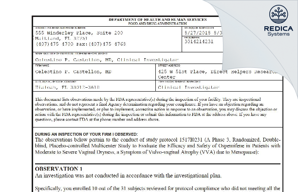 FDA 483 - Celestino P. Castellon, MD [Hialeah / United States of America] - Download PDF - Redica Systems