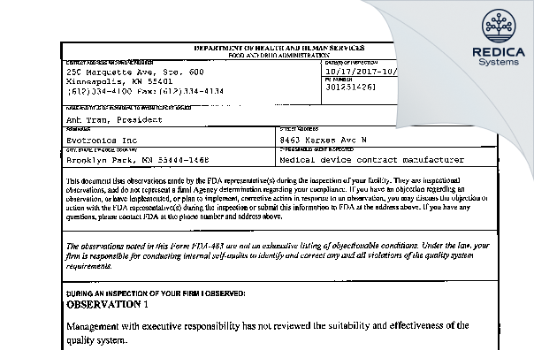 FDA 483 - Evotronics Inc [Brooklyn Park / United States of America] - Download PDF - Redica Systems