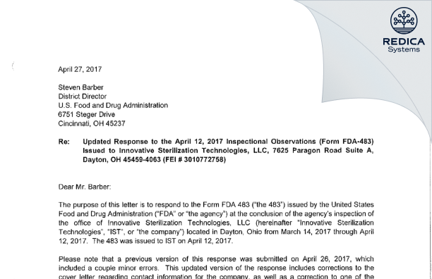 FDA 483 Response - Innovative Sterilization Technologies LLC [Dayton / United States of America] - Download PDF - Redica Systems