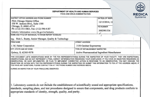 FDA 483 - J.M. Huber Micropowders, Inc. [Quincy / United States of America] - Download PDF - Redica Systems