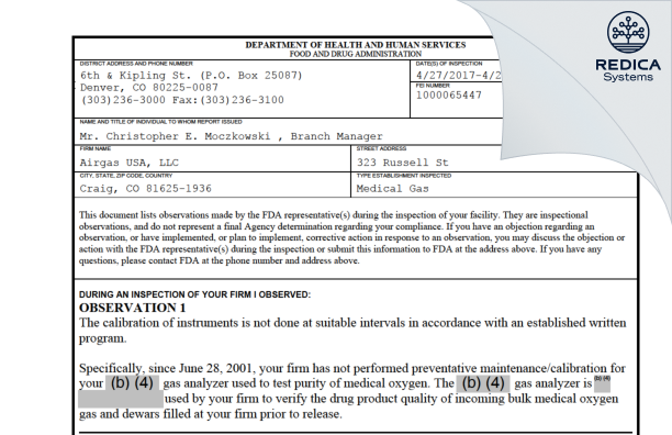 FDA 483 - Airgas Usa, LLC [Craig / United States of America] - Download PDF - Redica Systems