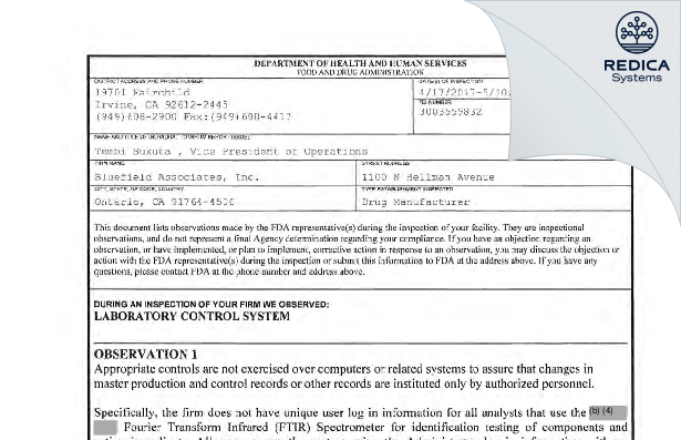 FDA 483 - Bluefield Associates, Inc. [Ontario / United States of America] - Download PDF - Redica Systems