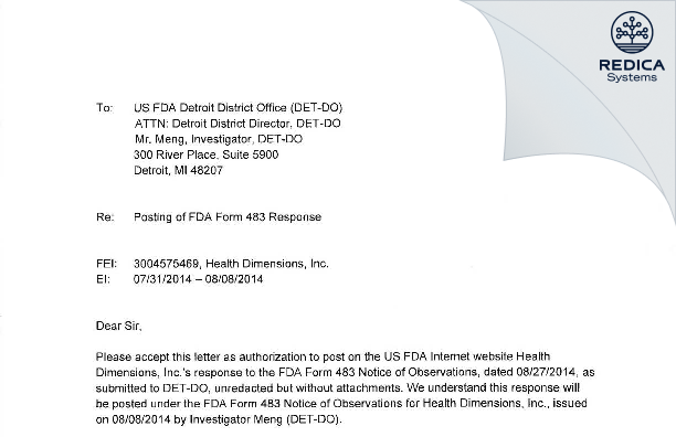 FDA 483 Response - Health Dimensions, Inc. [Farmington Hills / United States of America] - Download PDF - Redica Systems