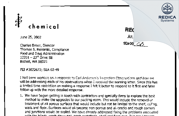 FDA 483 Response - Integra Chemical Company [Renton / United States of America] - Download PDF - Redica Systems