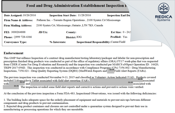 EIR - Patheon Inc. [Mississauga / Canada] - Download PDF - Redica Systems