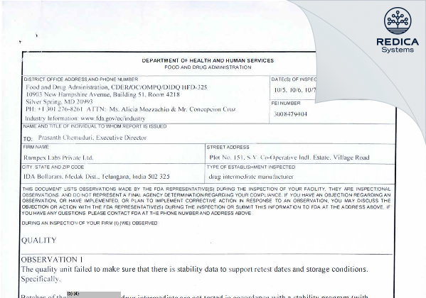 FDA 483 - Rampex Labs Pvt Ltd. [India / India] - Download PDF - Redica Systems