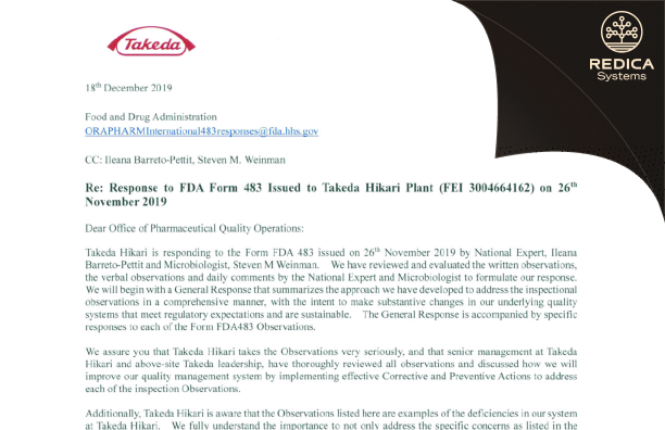 FDA 483 Response - Takeda Pharmaceutical Company Limited [Hikari / Japan] - Download PDF - Redica Systems