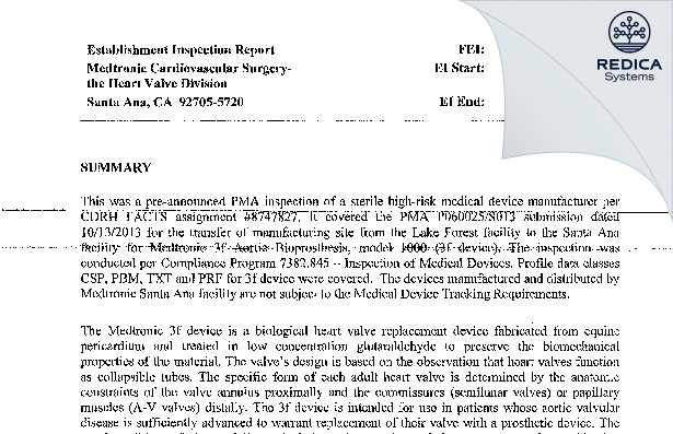 EIR - Medtronic Heart Valves Division [Santa Ana / United States of America] - Download PDF - Redica Systems
