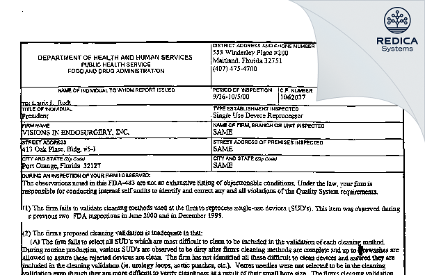 FDA 483 - VISIONS IN ENDOSURGERY, INC. [Port Orange / -] - Download PDF - Redica Systems
