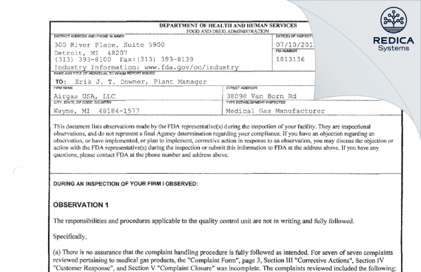 FDA 483 - Airgas Usa, LLC [Wayne / United States of America] - Download PDF - Redica Systems