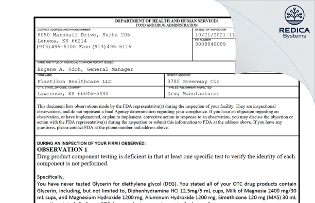 FDA 483 - Plastikon Healthcare LLC [Lawrence / United States of America] - Download PDF - Redica Systems
