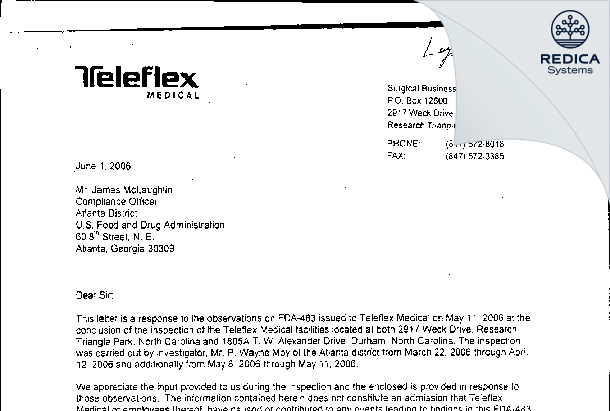 FDA 483 Response - Teleflex Medical [Research Triangle Park / United States of America] - Download PDF - Redica Systems
