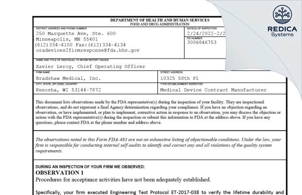 FDA 483 - Bradshaw Medical, Inc. [Kenosha / United States of America] - Download PDF - Redica Systems