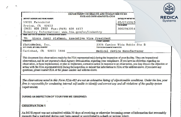 FDA 483 - Strata Skin Sciences, Inc. [Carlsbad / United States of America] - Download PDF - Redica Systems