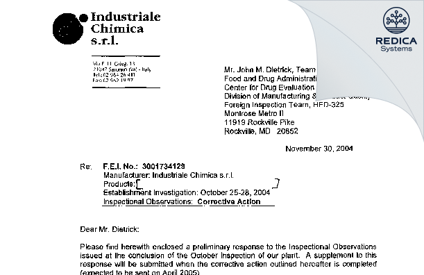 FDA 483 Response - Industriale Chimica SRL [Italy / Italy] - Download PDF - Redica Systems