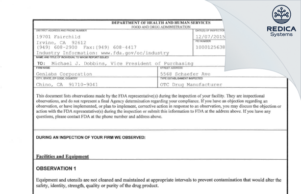 FDA 483 - Genlabs Corporation [Chino / United States of America] - Download PDF - Redica Systems