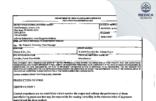FDA 483 - MSD International GMBH Puerto Rico Branch LLC [Arecibo / United States of America] - Download PDF - Redica Systems
