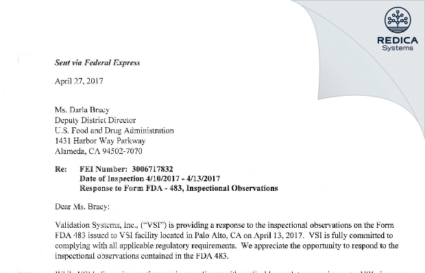 FDA 483 Response - Validation Systems, Inc. [Palo Alto / United States of America] - Download PDF - Redica Systems
