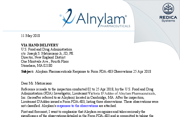 FDA 483 Response - Alnylam Pharmaceuticals, Inc. [Cambridge / United States of America] - Download PDF - Redica Systems