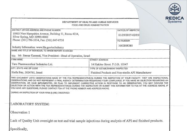 FDA 483 - Taro Pharmaceutical Industries Ltd. [Israel / Israel] - Download PDF - Redica Systems